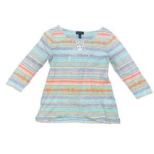 LRL Ralph Lauren Petite Lace-Up Top Multicolor Stripe Western Boho Women Size PL